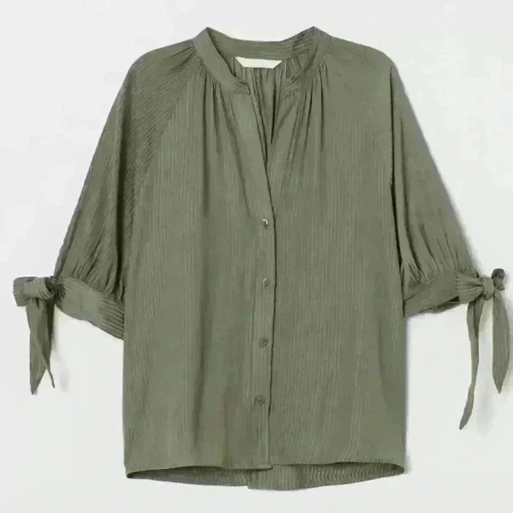 H&M olive striped blouse with tie sleeves Size 6